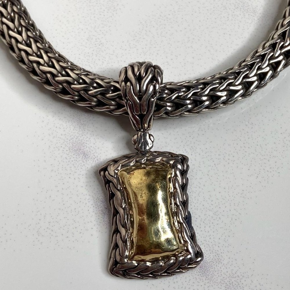 John Hardy 925 Sterling Silver & 22k Gold PALU Pendant Necklace 18" Wheat Chain - Picture 5 of 12